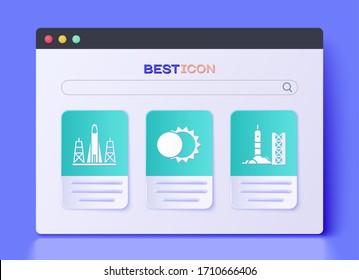 Set Eclipse of the sun, Rocket launch from the spaceport and Rocket launch from the spaceport icon. Vector