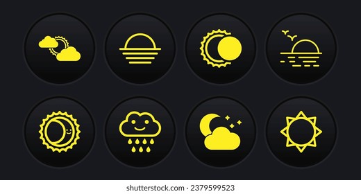 Set Eclipse of the sun, Sunset, Cloud with rain, moon and stars,  and cloud weather icon. Vector