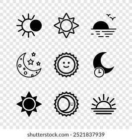 Eclipse de sol, sol, puesta de sol, luna y estrellas e icono. Vector