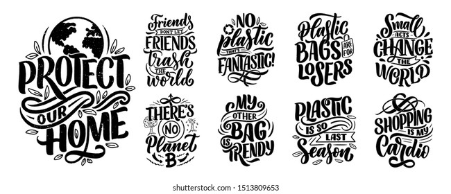 Set with Eco bag prints for cloth design. Retail advertising. Lettering quotes for environment concept. Organic design template. Typography vector illustration.