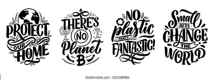 Set with Eco bag prints for cloth design. Retail advertising. Lettering quotes for environment concept. Organic design template. Typography vector illustration.