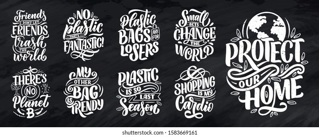 Set with Eco bag prints for cloth design. Retail advertising. Lettering quotes for environment concept. Organic design template. Typography vector illustration.
