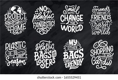 Set with Eco bag prints for cloth design. Retail advertising. Lettering quotes for environment concept. Organic design template. Typography vector illustration.