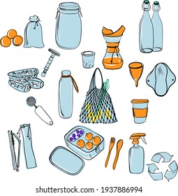 Set of eco  bags, botles, lunch box,eco cofee cup,glass jars,. Zero waste durable and reusable items. Vector illustration. 
