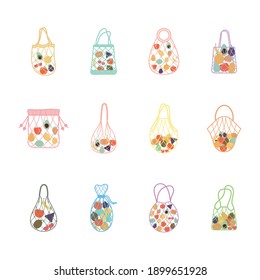 set of eco bags with a fruits inside of it on a white background vector illustration design