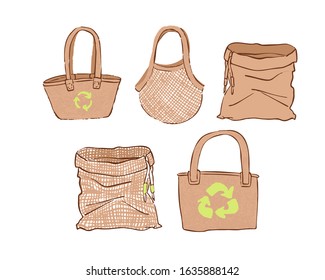 Set of Eco bags in hand draw cartoon style, isolated on white background. Ecology Environment grocery shopping bag collection, Zero waste bags and Stop plastic pollution concept.