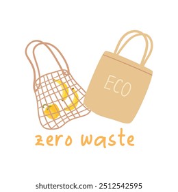 Set of eco bags, mesh bag, string bag, shopper. Zero waste, recycling. Plastic-free. Vector illustration, flat style.