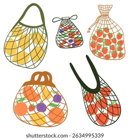 Set of Eco bags mesh string bags. With lemons, strawberries, orange, apples, mango, plum, blueberries, pear. Reusable fabric, mesh, for grocery and food market. Zero waste, plastic-free concept.
