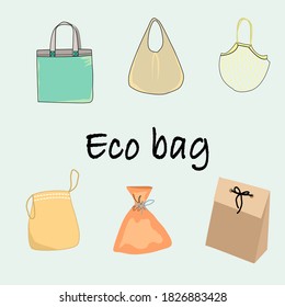 Set of Eco bags, string cotton bag,plasticitet free, recycle bags green life, ecology life style. Nature protection concept. Vector illustration.
