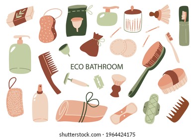 Set of eco bathroom accessories and tools. Skin care products, soap, tooth paste, wooden combs, brush, reusable hygiene items. No plastic, zero waste, go green concept. Vector hand drawn illustration 