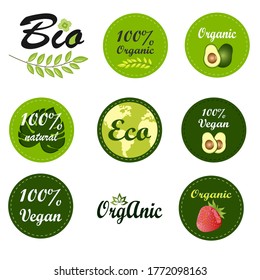 Set of eco, bio green logo, sign, stickers, icons. Vegan healthy food badge, tag for cafe, restaurants, products packaging.
