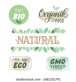 Set of eco, bio, organic, natural. Collection of emblem cafe, badges, tags, packaging. Vector illustration