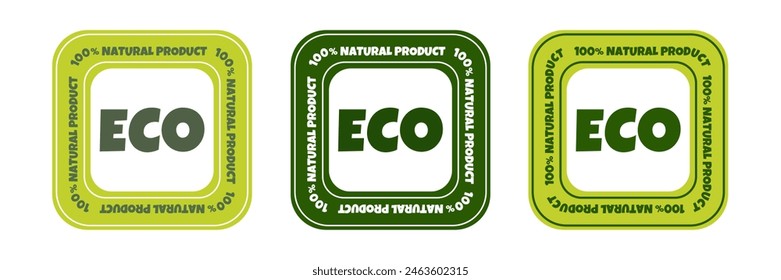 Set of eco, bio, organic and natural products. Square sticker, label, badge and logo. Vector illustration