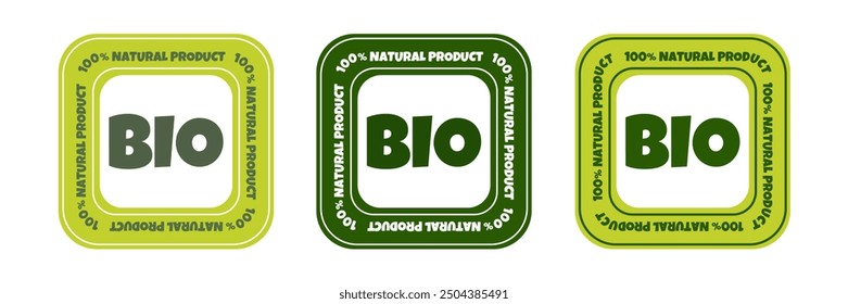 Set von Öko-, Bio-, Bio- und Naturprodukten. Quadratischer Aufkleber, Etikett, Abzeichen und Logo. Vektorgrafik