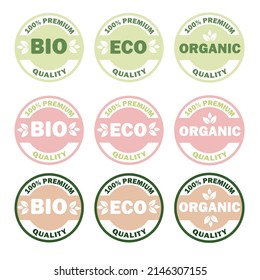 Set of Eco, Bio, Organic products sticker, label, badge and logo. 100% PREMIUM QUALITY. Eco-friendly badge. Logo template for organic and eco friendly products. 