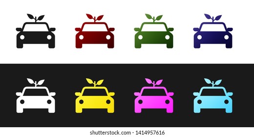 Set Eco car concept drive with leaf icon isolated on black and white background. Green energy car symbol. Vector Illustration