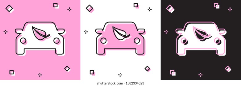 Set Eco car concept drive with leaf icon isolated on pink and white, black background. Green energy car symbol.  Vector Illustration
