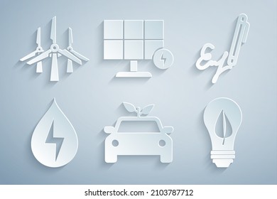 Set Eco car concept drive, Signature, Water energy, Light bulb with leaf, Solar panel and Wind turbines icon. Vector