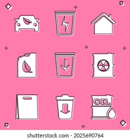 Set Eco car drive with leaf, Lightning trash can, House, Bio fuel canister, Send to the, Radioactive waste barrel, Shopping bag and  icon. Vector