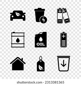 Set Eco car drive with leaf, Lightning trash can, Battery, House, Tag, Send to the, Oil barrel and Canister machine oil icon. Vector