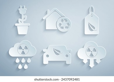 Set Eco car drive with leaf, Tag, Acid rain and radioactive cloud, House recycling and Electric saving plug pot icon. Vector