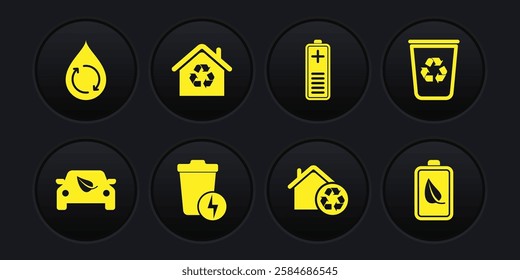 Set Eco car drive with leaf, Recycle bin recycle, Lightning trash can, House recycling, Battery charge level indicator, nature and battery and clean aqua icon. Vector