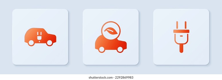 Ponga el coche ecológico, eléctrico y enchufe. Botón cuadrado blanco. Vector