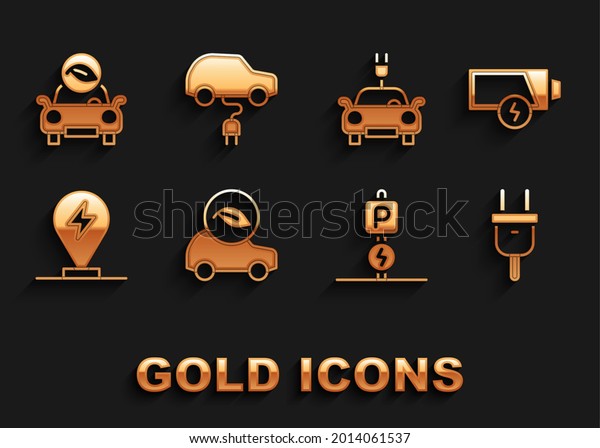 Set Eco car, Low battery, Electric\
plug, Charging parking electric,  and  icon.\
Vector
