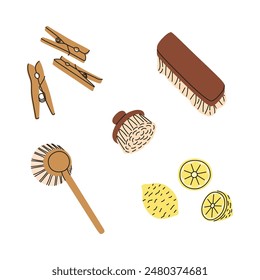 Set of eco cleaning products. Brushes, lemons and pins. Organic natural ecological cleaners, soap, brushes. Green housework stuff, clean home supplies. Flat graphic vector illustration isolated on