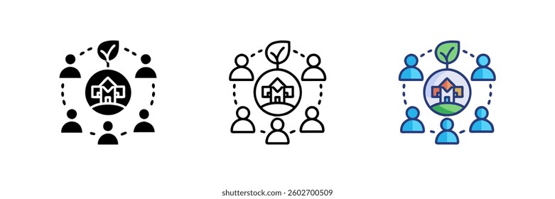 A set of eco community icons representing green living sustainability and environmental responsibility