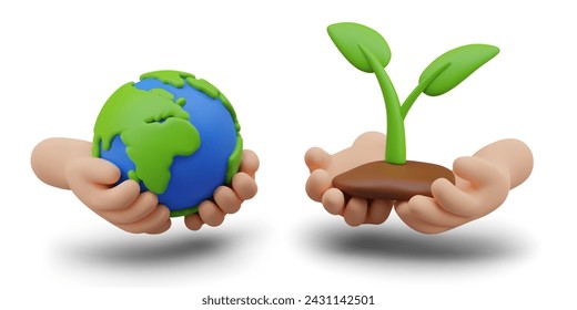 Set of eco concepts. 3D Earth in palms, hands hold soil with plant