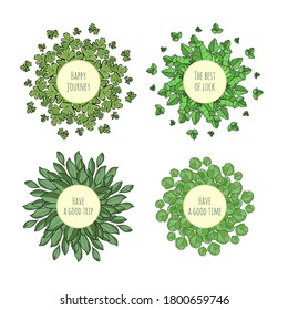 Set with Eco Design of a Leaf Mandala and different titles. Round tree leaves ornament, postcard. Abstract flower medallion.  Colored sketch illustration isolated on white background. 