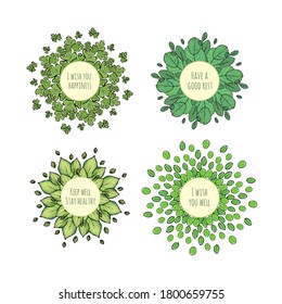 Conjunto con Diseño Eco de una Mancha Hoja y diferentes títulos. Hojas redondas ornamento, postal. Medallón de flores abstracto.  Ilustración de esbozo de color aislada en fondo blanco. 