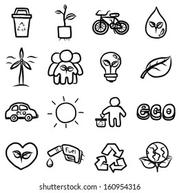 Set Of Eco, Ecology And Environmental Concept Objects Or Icons / Cartoon Vector And Illustration, Hand Drawn Black And White, Isolated On White Background.