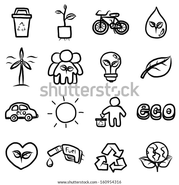 set of eco, ecology and\
environmental concept objects or icons / cartoon vector and\
illustration, hand drawn black and white, isolated on white\
background.