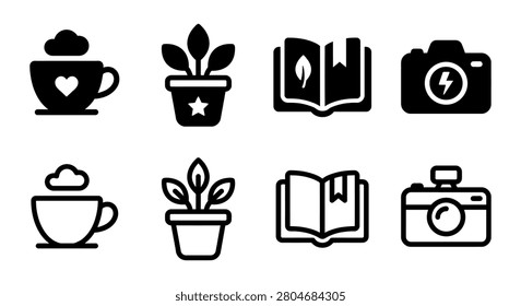 set of eco education icons with camera, book, plant, and cup design for learning themes