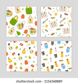 Set of eco elements seamless pattern. Hand drawn eco life illustration. Zero waste, plastic free, eco life. Go green, no plastic concept. Perfect for fabric, textile, print, wrapping.