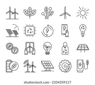 Conjunto de línea de icono de energía ecológica. ilustraciones de vectores de sostenibilidad solar de ecología