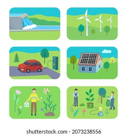 Set of eco energy vector illustrations. Colorful cartoon hand drawn graphic about alternative energy technologies