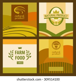 Set of eco food and farm logo, Green concept. Landscape with meadows.Planted in the ground.