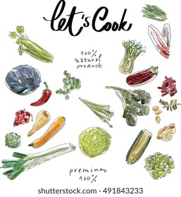 Set of eco food isolated icons for design paper, wallpaper, packaging, web, menu, background. Watercolor hand drawn. Vector illustration.