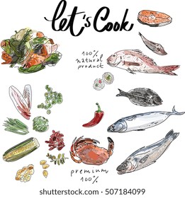 Set of eco food isolated icons for design paper, wallpaper, packaging, web, menu, background. Watercolor hand drawn. Vector illustration.
