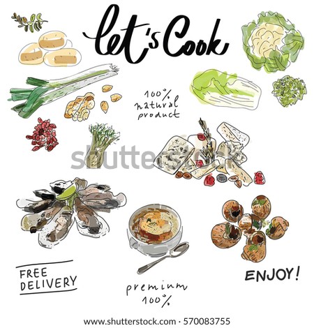 Set of eco food isolated icons for design paper, wallpaper, packaging, web, menu, background. Watercolor hand drawn. Vector illustration.