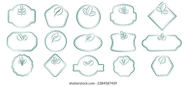 Conjunto de marcos ecológicos con estilo lineal. Placas verdes con hojas en una ilustración vectorial
