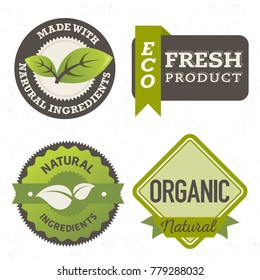 Set Of Eco, Fresh, Organic, Made With Natural Ingredients Labels With Leaves Elements Vector Isolated