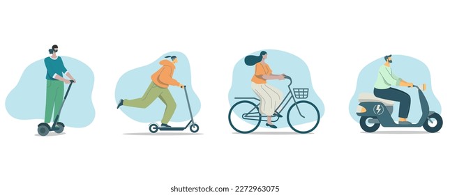 Set of Eco friendly alternative ecological transportation, People choose riding to travel with vehicles, 
bicycles, motorcycles, scooter, Environmental care concept, Vector design illustration.