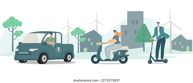 Set of Eco friendly alternative ecological transportation, People choose riding to travel with vehicles, 
electric pickup, motorcycles, scooter, Environmental care concept, Vector illustration.