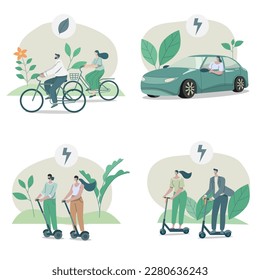 Set of Eco friendly alternative ecological transportation, People choose vehicles that conserve nature.
bicycles, EV car, scooter, Environmental care concept, Vector design illustration.