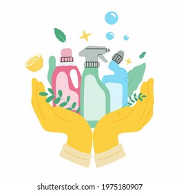 Set with Eco friendly cleaning products. Two hands in gloves holding window-cleaner product in bootle and detegent.Banner for cleaning service.Vector flat illustration.