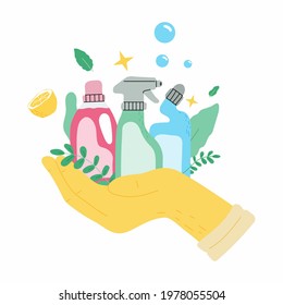 Set with Eco friendly cleaning products. A hand in glove holding window-cleaner product in bootle and detegent.Banner for cleaning service.Vector flat illustration.